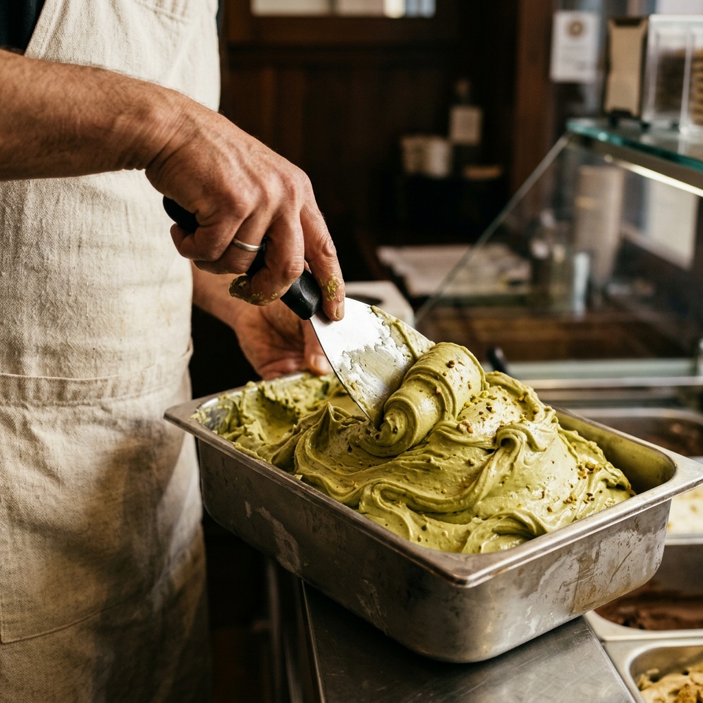 Hands working pistachio gelato
