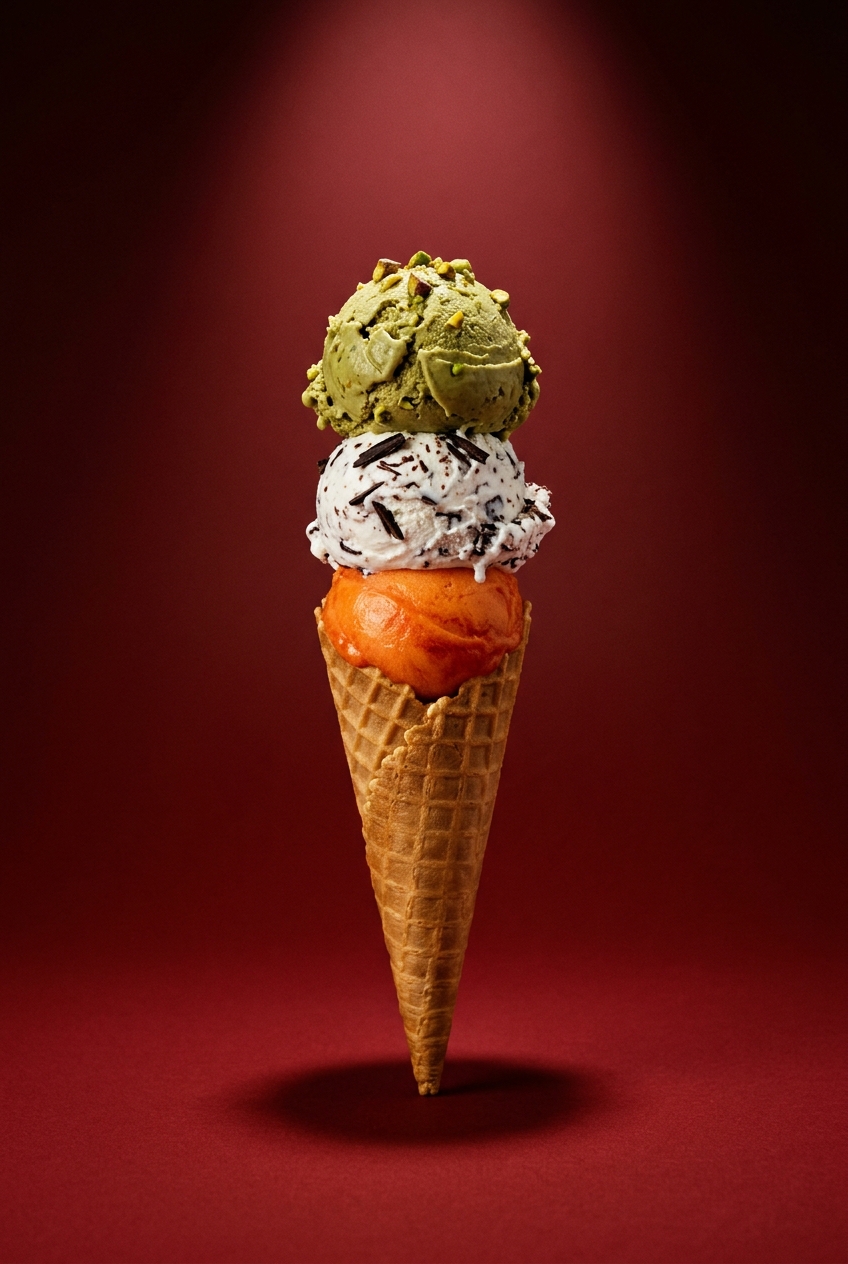 Artisan gelato cone with pistachio, stracciatella and orange