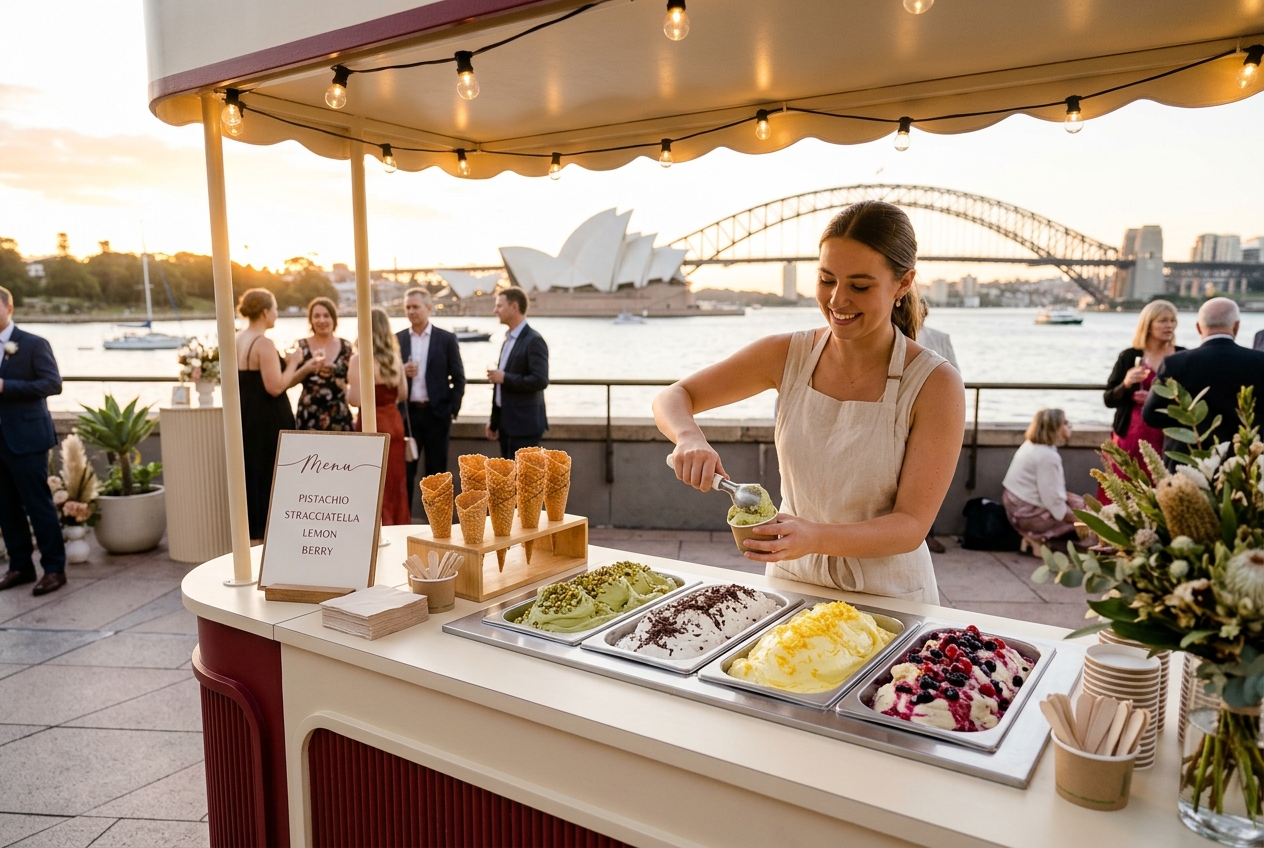 Gelato station at a harbourside wedding